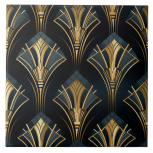 Art Deco Gold, Symmetrical, Navy and Cyan Tile