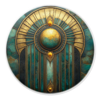 Art Deco Gold Turquoise Abstract Glowing Sun  Ceramic Knob