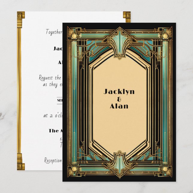 Art Deco Gold Turquoise Black Wedding Invitation (Front/Back)