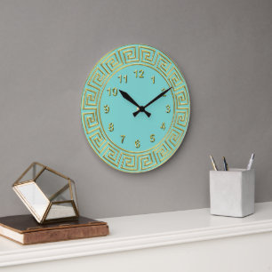 Art Deco Gold Turquoise Greek Key Border Gold Mkrs Large Clock