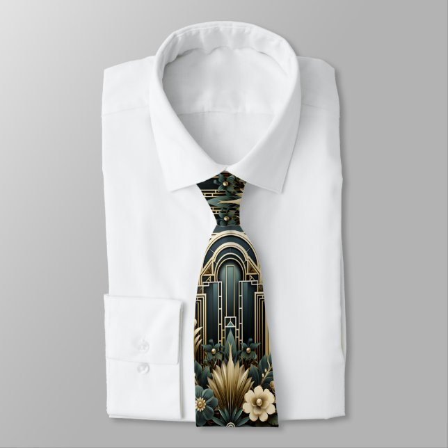 Art Deco Gold Turquoise Teal White Geometric  Tie (Tied)