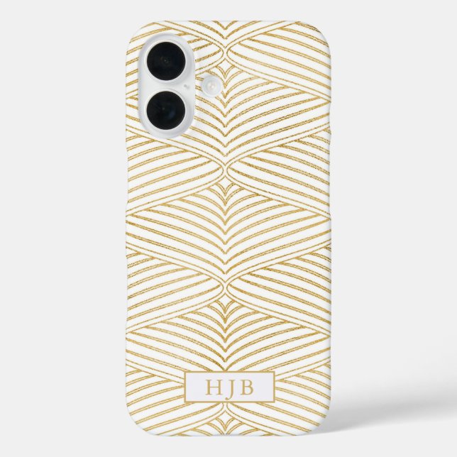 Art Deco Gold & White Monogram Pretty iPhone 16 Case-Mate iPhone Case (Back)