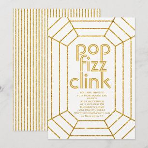 Art Deco gold white pop fizz clink New Year party Invitation