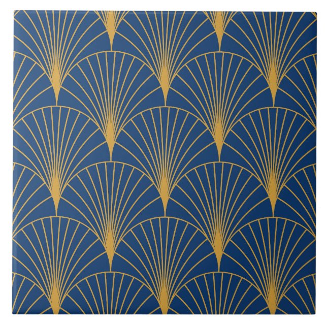 Art Deco Golden Geometric Fans on Navy Blue  Tile (Front)