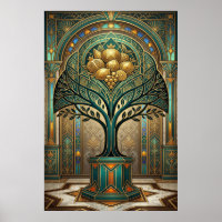 Art Deco Golden Harvest Fruit Tree Gold Teal Poste