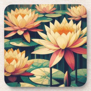 Art Deco Golden Lotus Hard plastic coaster set
