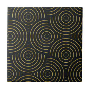 Art Deco Golden Overlapping Circles on Black Tile