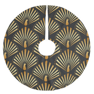 Art deco golden peacock pattern brushed polyester tree skirt