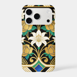 Art Deco Golden Roses & Lilies Black Emerald