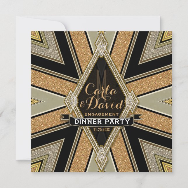 Art Deco Goldy Engagement Dinner Party Invitations (Front)