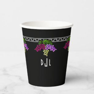 Art Deco Grapes - Black,Silver,Violet Monogrammed Paper Cups