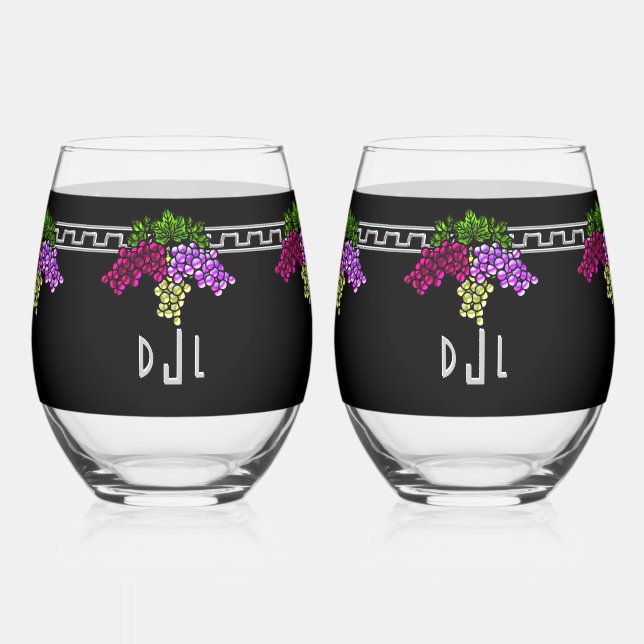 Art Deco Grapes - Black,Silver,Violet Monogrammed Stemless Wine Glass (Front)