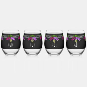 Art Deco Grapes - Black,Silver,Violet Monogrammed Stemless Wine Glass
