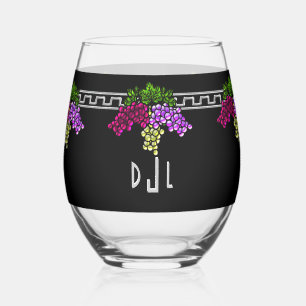Art Deco Grapes - Black,Silver,Violet Monogrammed Stemless Wine Glass