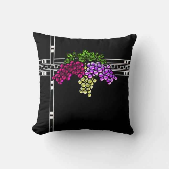 Art Deco Grapes on Black Cushion (Front)