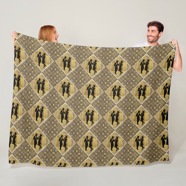 Art Deco Great Gatsby Black Gold Flapper Couple Fleece Blanket (In Situ)