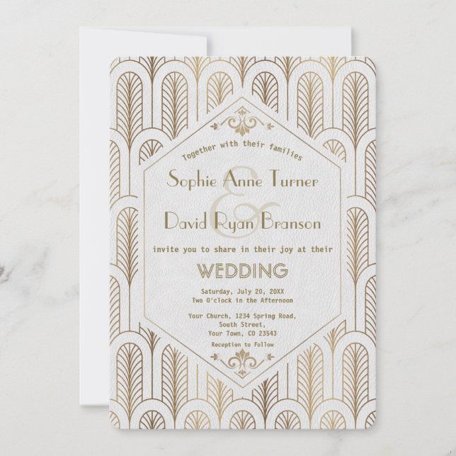 Art Deco Great Gatsby White Gold Wedding Invitation (Front)