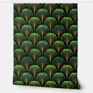 Art Deco Green and Gold Palm Leaves Wallpaper