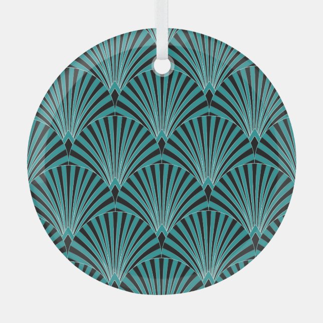 Art Deco: green fan pattern. Glass Tree Decoration (Front)