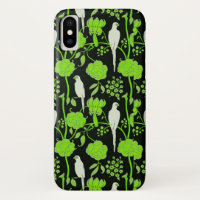 ART DECO GREEN FLOWERS,WHITE PARROTS ON BLACK