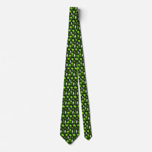 ART DECO GREEN FLOWERS,WHITE PARROTS ON BLACK TIE