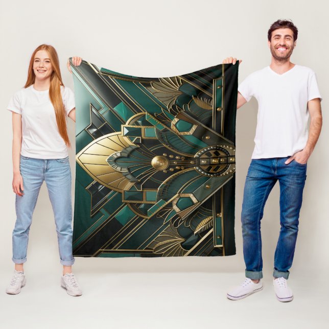 Art Deco Green Gold Black Art Nouveau Fleece Blanket (In Situ)