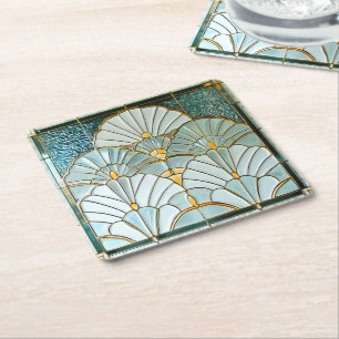 Art Deco Green Gold Elegant Fan Pattern Square Paper Coaster