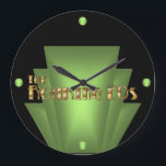 Art Deco Green Large Clock<br><div class="desc">10.75” round black acrylic wall clock with an image of a glowing green Art Deco-style decorative element on black and "The Roaring 20s" in gleaming gold lettering. Glowing green orbs mark the 12, 3 and 9 positions. See the entire Roaring 20s Clock collection in the DECOR | Clocks section.</div>