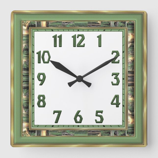 Art Deco Green Square Wall Clock (Front)