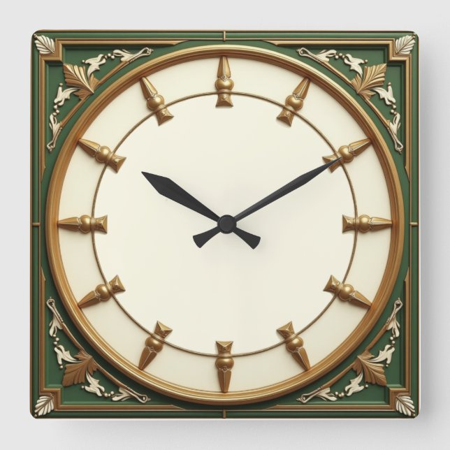 Art Deco Green Square Wall Clock (Front)