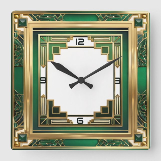 Art Deco Green Square Wall Clock (Front)