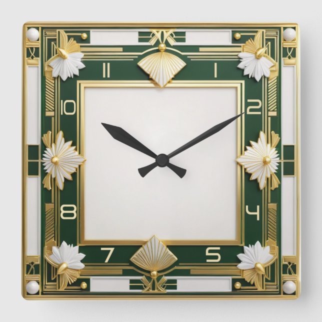 Art Deco Green Square Wall Clock (Front)