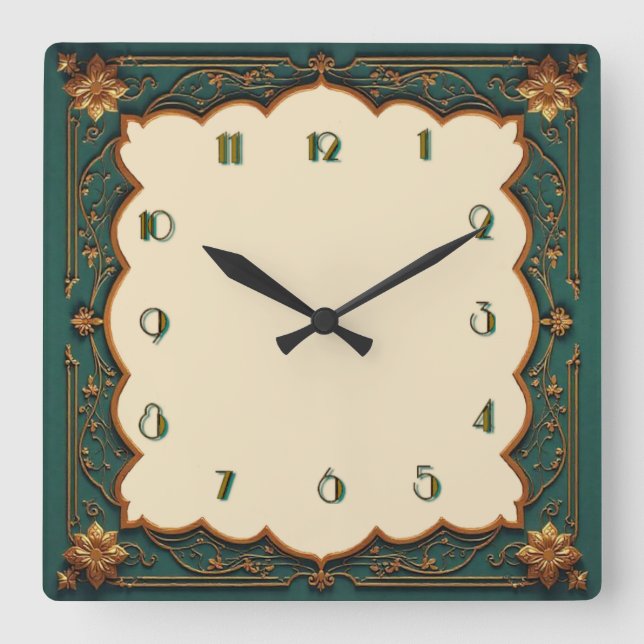 Art Deco Green Square Wall Clock (Front)