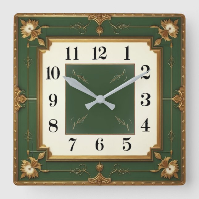 Art Deco Green Square Wall Clock (Front)