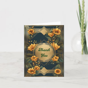Art Deco Green with Gold Flowers Thank You Card