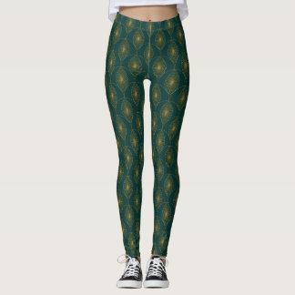 Art Deco Green with Gold Glitter Pattern Leggings