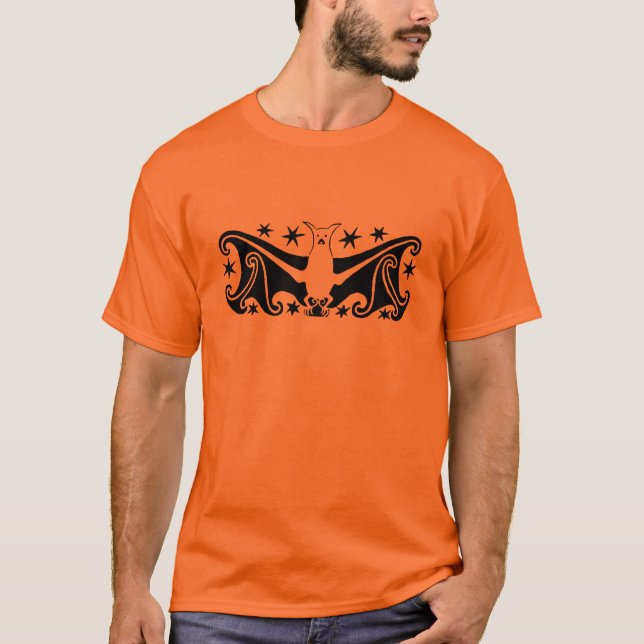 Art Deco Halloween Flying Bat Starry Night T-Shirt (Front)