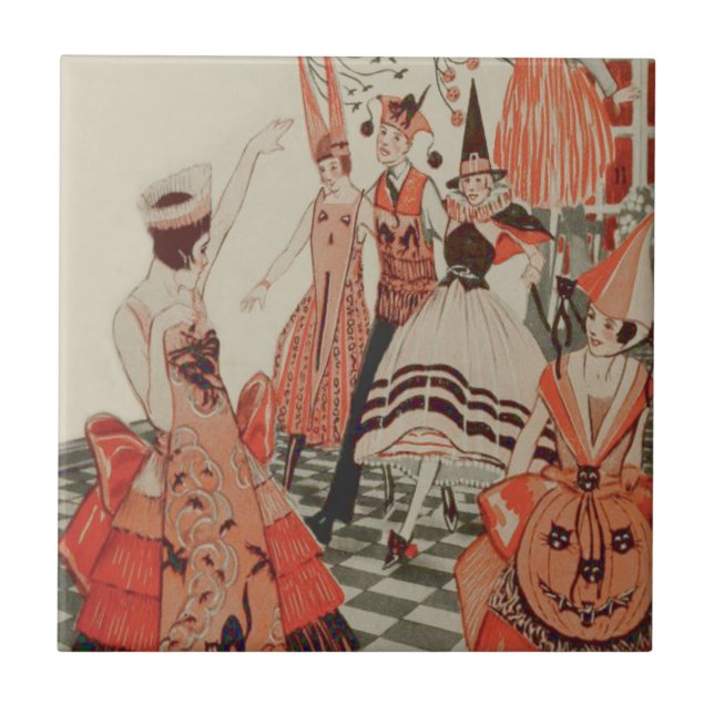 Art Deco Halloween Party Black Cat Pumpkin Tile (Front)