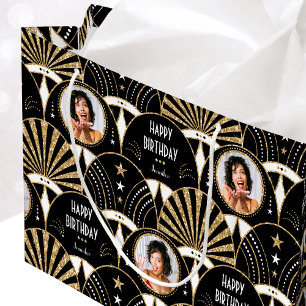 Art Deco Happy Birthday Photo Elegant Black Gold Large Gift Bag