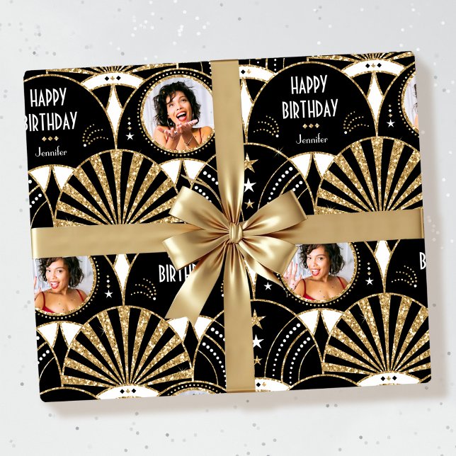 Art Deco Happy Birthday Photo Elegant Black Gold Wrapping Paper (Creator Uploaded)