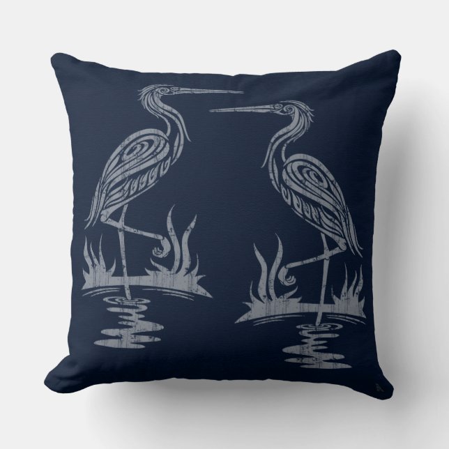 Art Deco Herons - Grey on Navy Blue Cushion (Front)