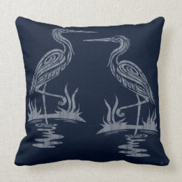 Art Deco Herons - Grey on Navy Blue Cushion