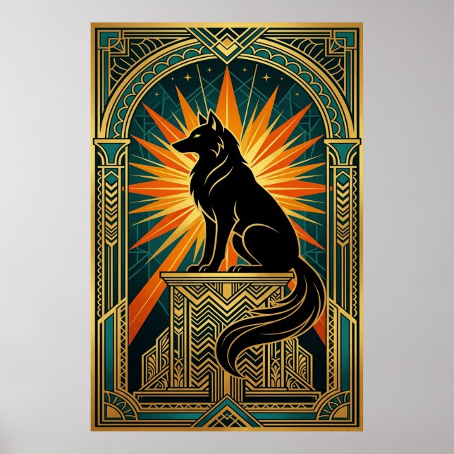 Art Deco Howling Wolf Golden Sunburst Poster (Front)