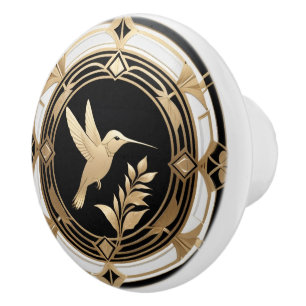 Art Deco Hummingbird Bird Black White Gold Ceramic Knob