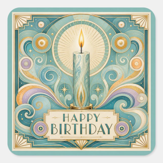 Art Deco Illuminated Candle Birthday Square Sticker (Front)
