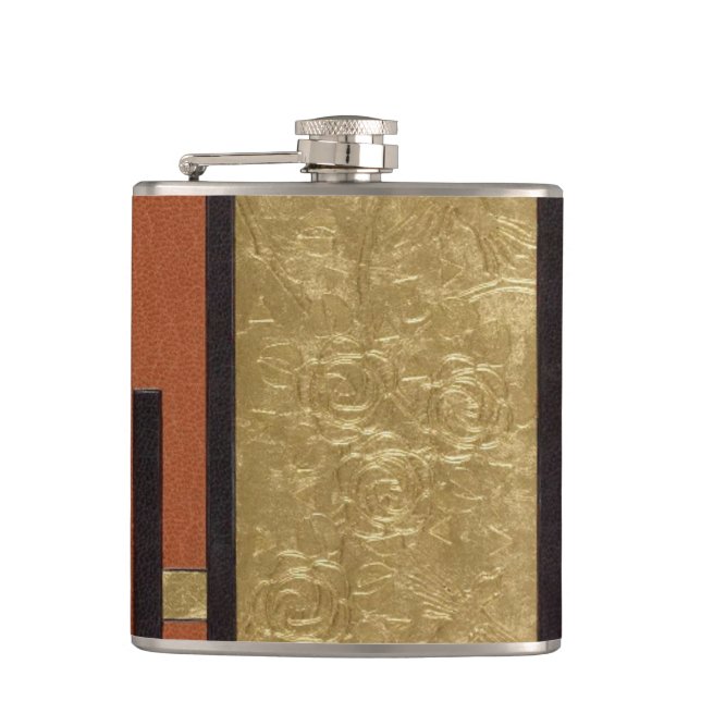 Art Deco In Gold And Tan Hip Flask (Front)