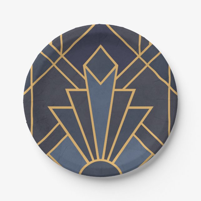 Art Deco inspiration in blue and gold Paper Plate (Front)