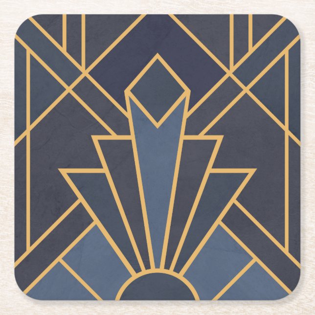 Art Deco inspiration in blue and gold Square Paper Coaster (Front)