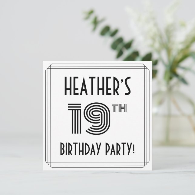Art Deco Inspired 19th Birthday Party, Custom Name Invitation (Standing Front)