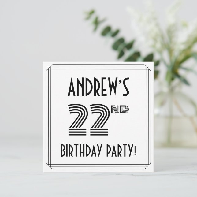 Art Deco Inspired 22nd Birthday Party, Custom Name Invitation (Standing Front)